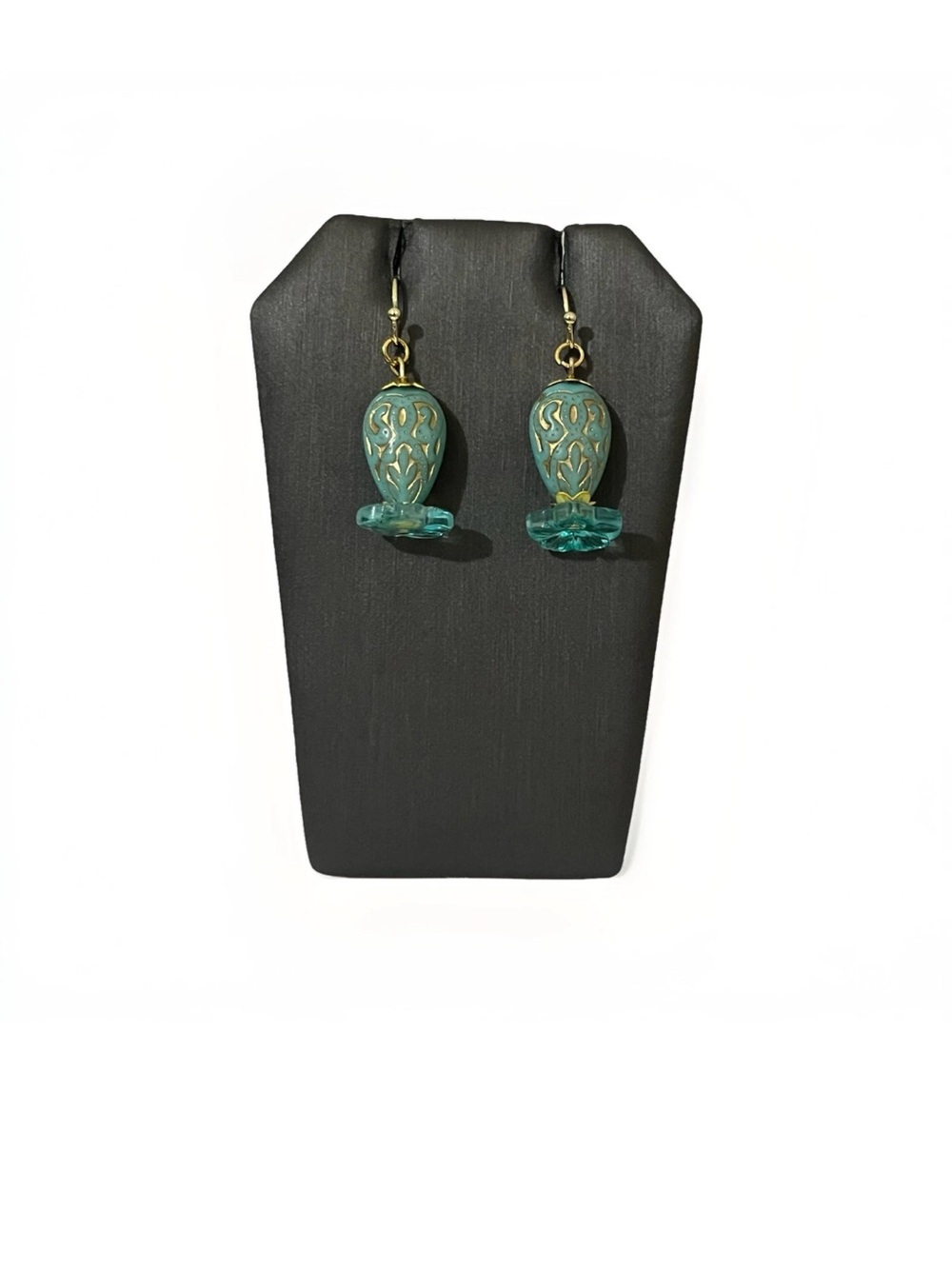 Artisan Handmade Aqua Teal Bead Boho Earrings Gold Filigree Etched Floral - Picture 2 of 3
